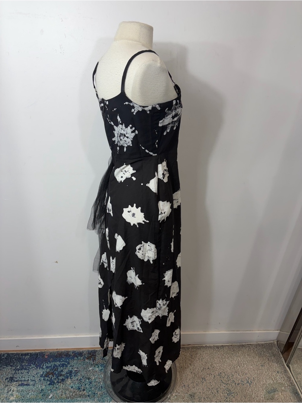 BUSAYO Black & White Abstract Print Midi Dress Tulle Ruffle Side Size S - Picture 5 of 11
